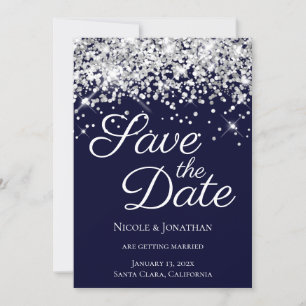 Sparkly Silver Glitter Navy Elegant Calligraphy Save The Date