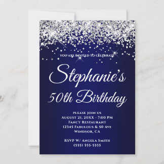 Sparkly Silver Glitter Navy Gradient Invitation