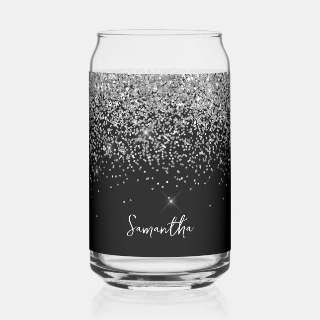 Sparkly Silver Glitter on Black Can Glass (Front)