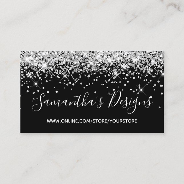 Sparkly Silver Glitter Online Store Black Business Card (Front)