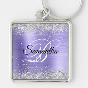 Sparkly Silver Glitter Periwinkle Foil Monogram Key Ring