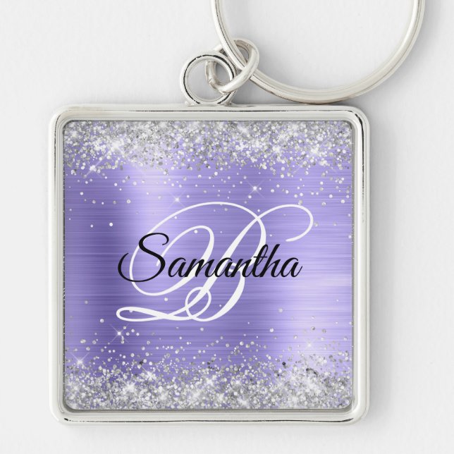 Sparkly Silver Glitter Periwinkle Foil Monogram Key Ring (Front)