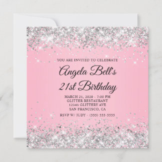 Sparkly Silver Glitter Pink 21st Birthday Invitation