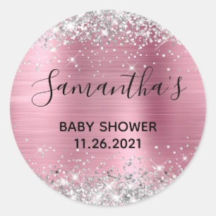 Sparkly Silver Glitter Pink Foil Baby Shower Classic Round Sticker