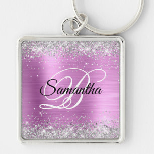 Sparkly Silver Glitter Pink Lavender Foil Monogram Key Ring