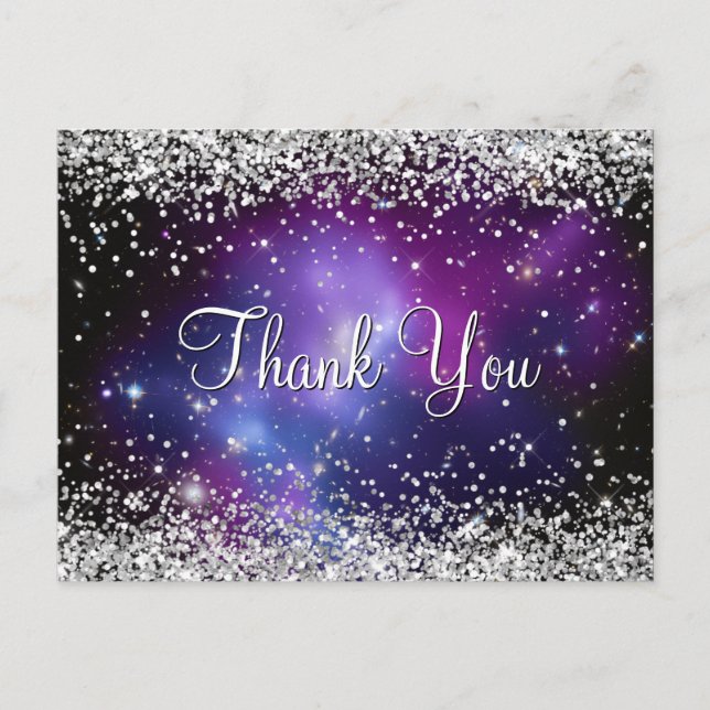 Sparkly Silver Glitter Purple Celestial Thank You Postcard (Front)