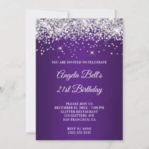 Sparkly Silver Glitter Purple Ombre 21st Birthday Invitation