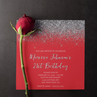 Sparkly Silver Glitter Red 21st Birthday Invitation