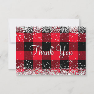 Sparkly Silver Glitter Red Buffalo Plaid Thank You Card