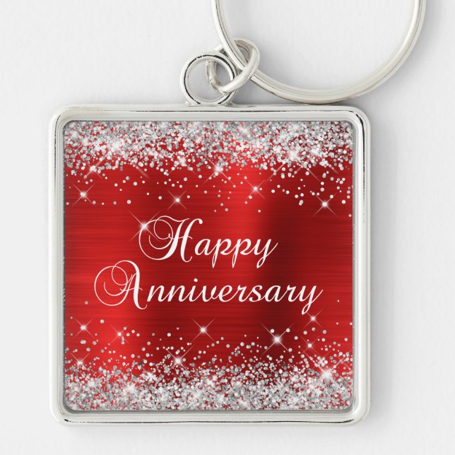 Sparkly Silver Glitter Red Foil Happy Anniversary Key Ring (Front)