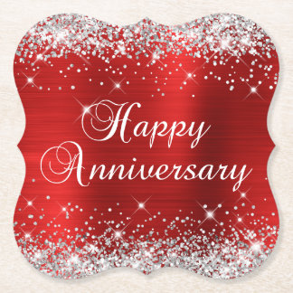 Sparkly Silver Glitter Red Foil Happy Anniversary Paper Coaster