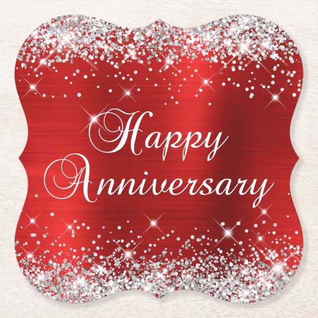 Sparkly Silver Glitter Red Foil Happy Anniversary Paper Coaster (Front)