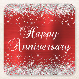 Sparkly Silver Glitter Red Foil Happy Anniversary Square Paper Coaster