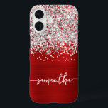 Sparkly Silver Glitter Red Glam Name iPhone 16 Case<br><div class="desc">Customise the modern handwritten style script with swash glyphs to create your own personalised case. Delete the symbols if you'd like the script alone. Add a monogram initial to create a first name initial combination. Girly faux silver glitter and brushed red metal foil digital art will print like a photo....</div>