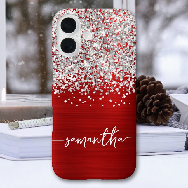 Sparkly Silver Glitter Red Glam Name iPhone 16 Case (Sparkly Silver Glitter Red Glam Name Case-Mate iPhone Case)