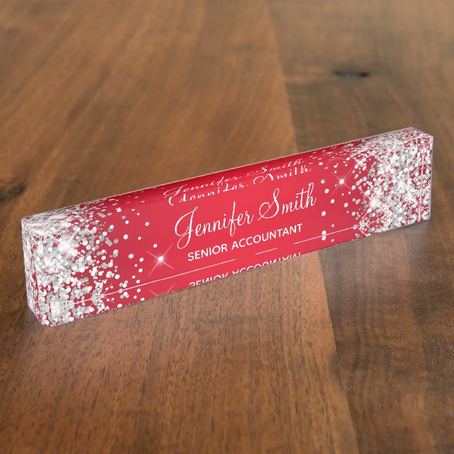 Sparkly Silver Glitter Red Gradient Nameplate (Side)