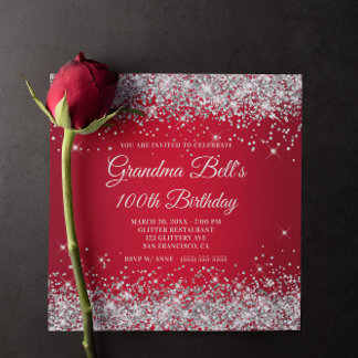 Sparkly Silver Glitter Red Ombre 100th Birthday Invitation