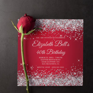 Sparkly Silver Glitter Red Ombre 40th Birthday Invitation