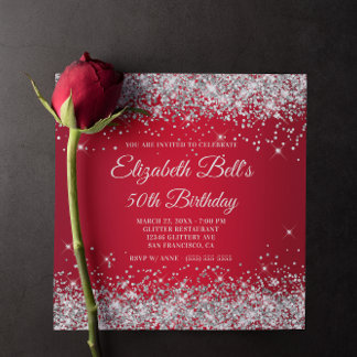 Sparkly Silver Glitter Red Ombre 50th Birthday Invitation