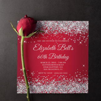 Sparkly Silver Glitter Red Ombre 60th Birthday Invitation