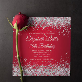 Sparkly Silver Glitter Red Ombre 70th Birthday Invitation