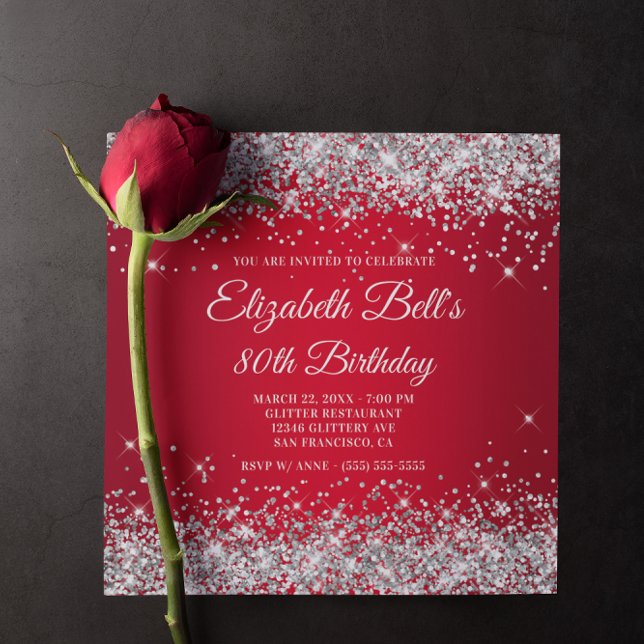 Sparkly Silver Glitter Red Ombre 80th Birthday Invitation (Sparkly Silver Glitter Red Ombre Birthday Invitation)