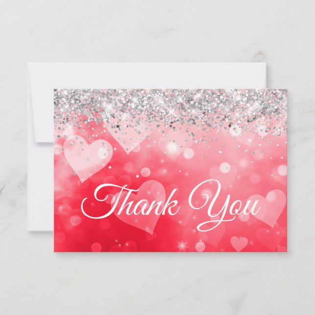 Sparkly Silver Glitter Red Pink Gradient Hearts Thank You Card (Front)