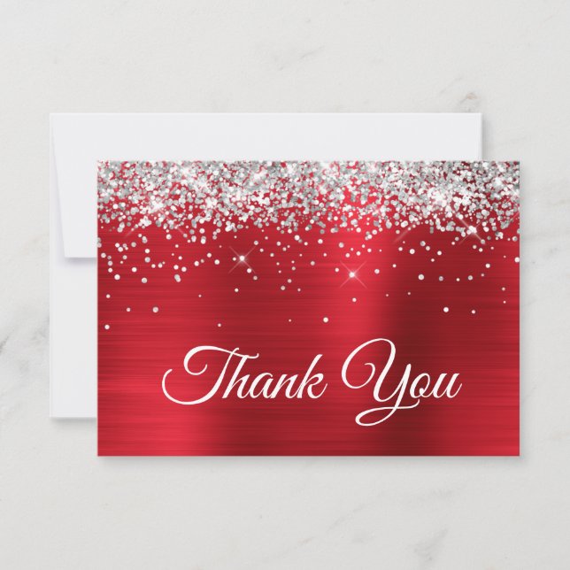 Sparkly Silver Glitter Red Satin Ombre Foil Thank You Card (Front)