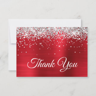 Sparkly Silver Glitter Red Satin Ombre Foil Thank You Card