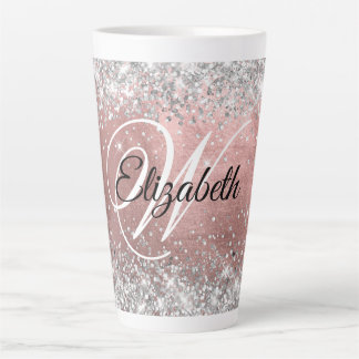 Sparkly Silver Glitter Rose Blush Foil Monogram Latte Mug
