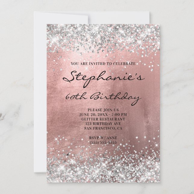 Sparkly Silver Glitter Rose Gold Foil Birthday Invitation (Front)