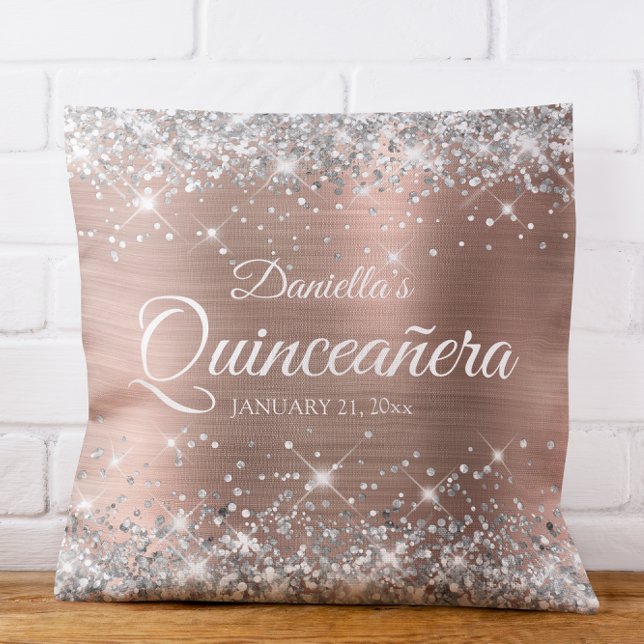 Sparkly Silver Glitter Rose Gold Foil Quinceañera Cushion (Sparkly Silver Glitter Rose Gold Foil Quinceañera Throw Pillow)