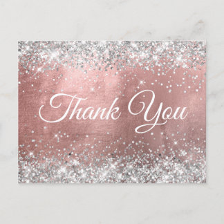Sparkly Silver Glitter Rose Gold Foil Thank You Postcard