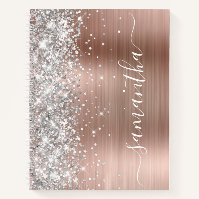 Sparkly Silver Glitter Rose Gold Glam Girly Name Notebook (Front)