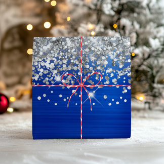 Sparkly Silver Glitter Royal Blue Faux Foil Wrapping Paper Sheet