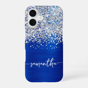 Sparkly Silver Glitter Royal Blue Glam Name iPhone 16 Case