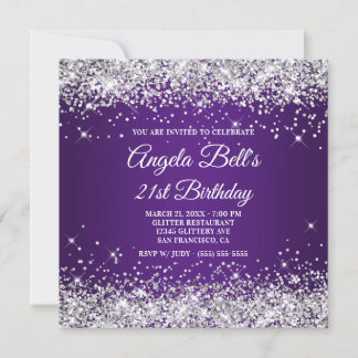 Sparkly Silver Glitter Royal Purple 21st Birthday Invitation