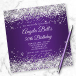 Sparkly Silver Glitter Royal Purple 50th Birthday Invitation<br><div class="desc">An elegant monogrammed 50th birthday invitation for her. Faux silver glitter girly glam with sparkles against a royal purple ombre graphic image. The fancy classic flourish calligraphy script monogram on the backside can be customised. Adapt the text for another fabulous milestone birthday celebration for your best friend's mother. All the...</div>