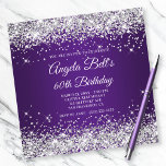 Sparkly Silver Glitter Royal Purple 60th Birthday Invitation<br><div class="desc">An elegant monogrammed 60th birthday invitation for her. Faux silver glitter girly glam with sparkles against a royal purple ombre graphic image. The fancy classic flourish calligraphy script monogram on the backside can be customised. Adapt the text for another fabulous milestone birthday celebration for your godmother. All the sparkly, silvery...</div>