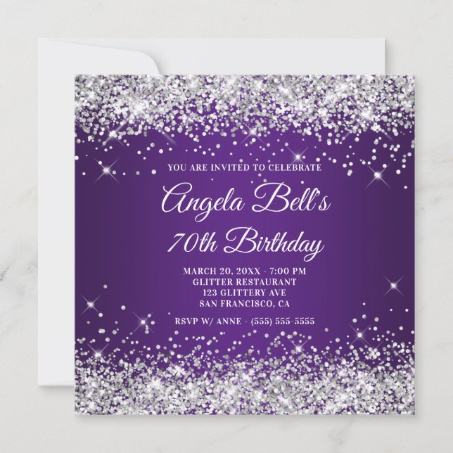 Sparkly Silver Glitter Royal Purple 70th Birthday Invitation (Front)