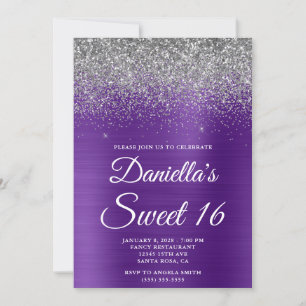 Sparkly Silver Glitter Royal Purple Foil Sweet 16 Invitation
