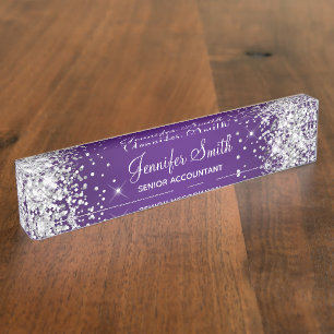 Sparkly Silver Glitter Royal Purple Gradient Nameplate