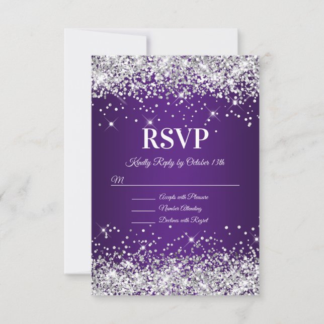 Sparkly Silver Glitter Royal Purple Ombre RSVP Card (Front)