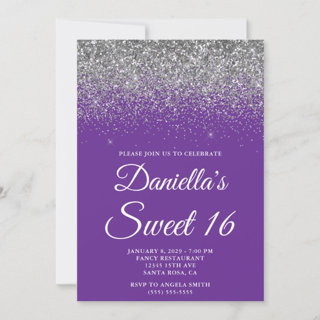 Sparkly Silver Glitter Royal Purple Sweet 16 Invitation (Front)