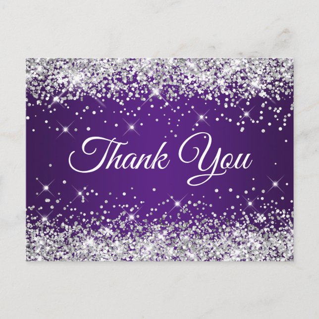 Sparkly Silver Glitter Royal Purple Thank You Postcard (Front)