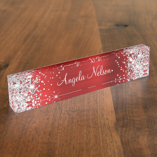 Sparkly Silver Glitter Ruby Red Foil Nameplate (Side)