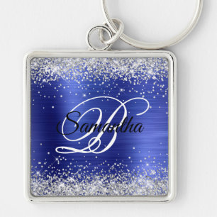 Sparkly Silver Glitter Sapphire Blue Foil Monogram Key Ring