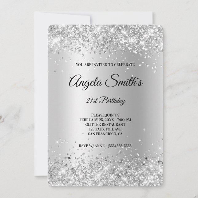 Sparkly Silver Glitter Satin Foil 21st Birthday Invitation (Front)