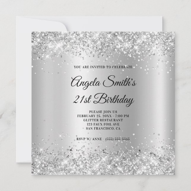 Sparkly Silver Glitter Satin Shimmer 21st Birthday Invitation (Front)