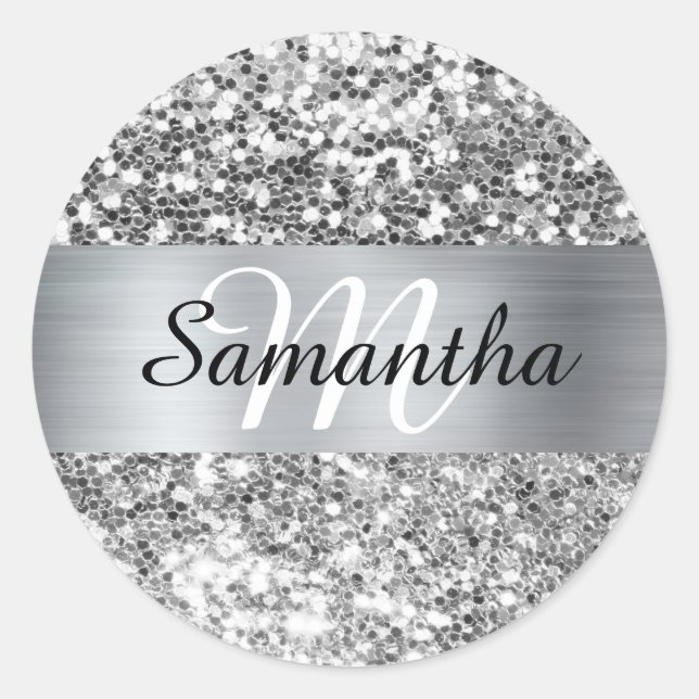 Sparkly Silver Glitter Shimmer Monogram Classic Round Sticker (Front)